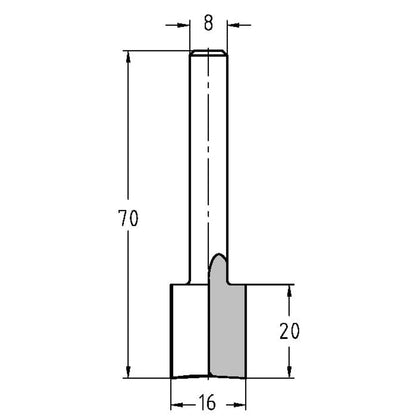 Groeffrees Ø 16 x 20 mm, TL=70 mm, S=8 mm, HS