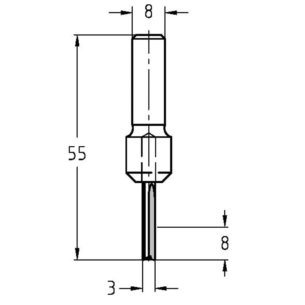 Groeffrees Ø 3 x 8 mm, TL=55 mm, S=8 mm, HS