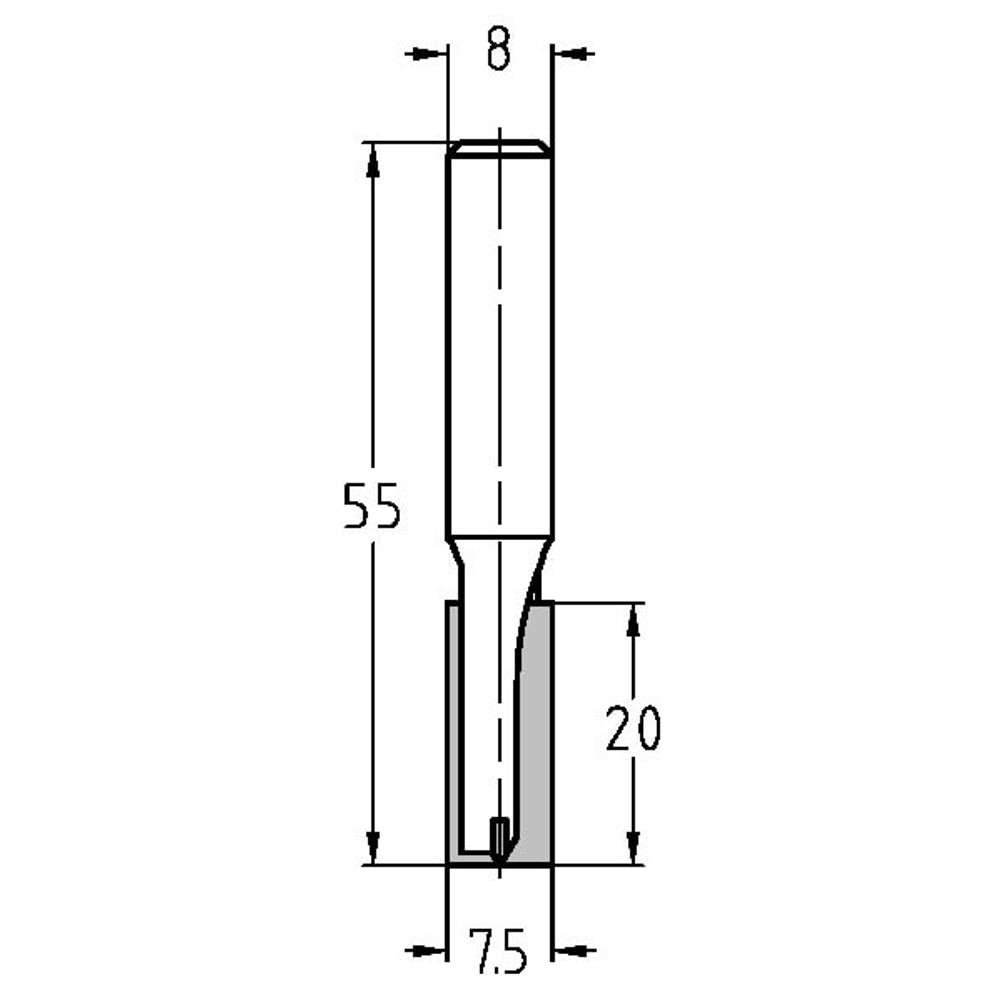 Groeffrees Ø 7,5 x 20 mm, TL=55 mm, S=8 mm, HW