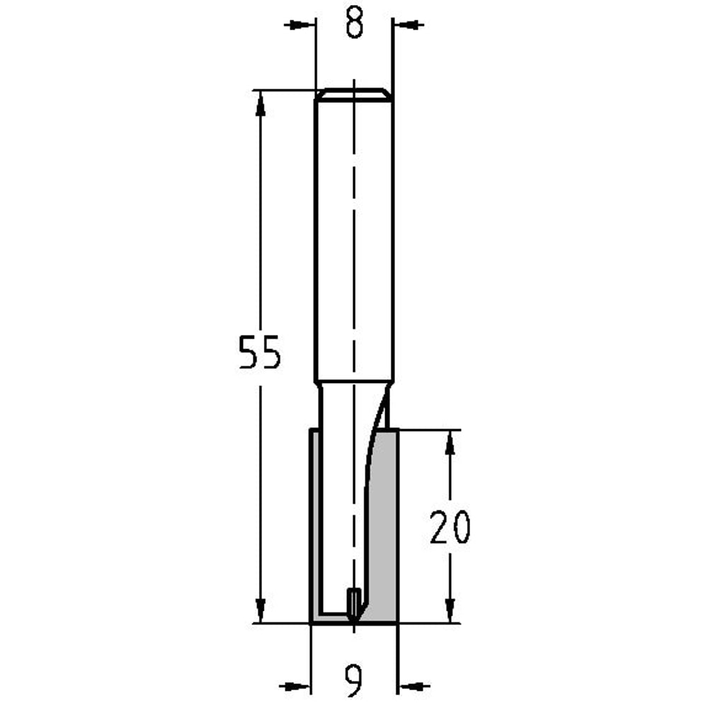 Groeffrees Ø 9 x 20 mm, TL=55 mm, S=8 mm, HW