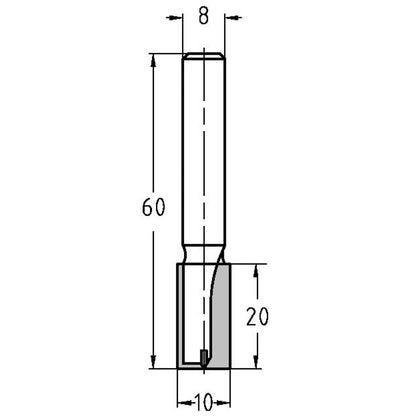 Groeffrees Ø 10 x 20 mm, TL=60 mm, S=8 mm, HW