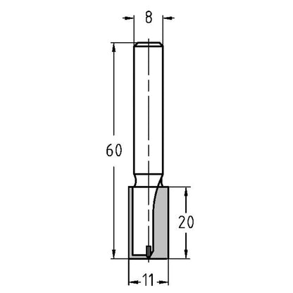 Groeffrees Ø 11 x 20 mm, TL=60 mm, S=8 mm, HW