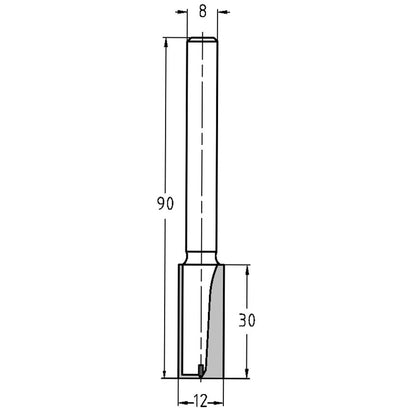 Groeffrees Ø 12 x 30 mm, TL=90 mm, S=8 mm, HW