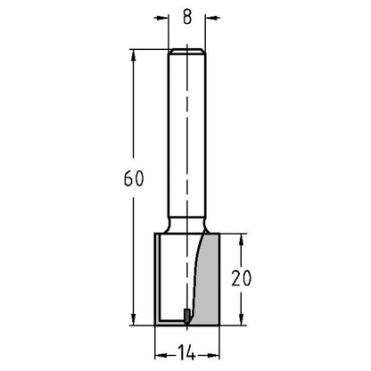 Groeffrees Ø 14 x 20 mm, TL=60 mm, S=8 mm, HW