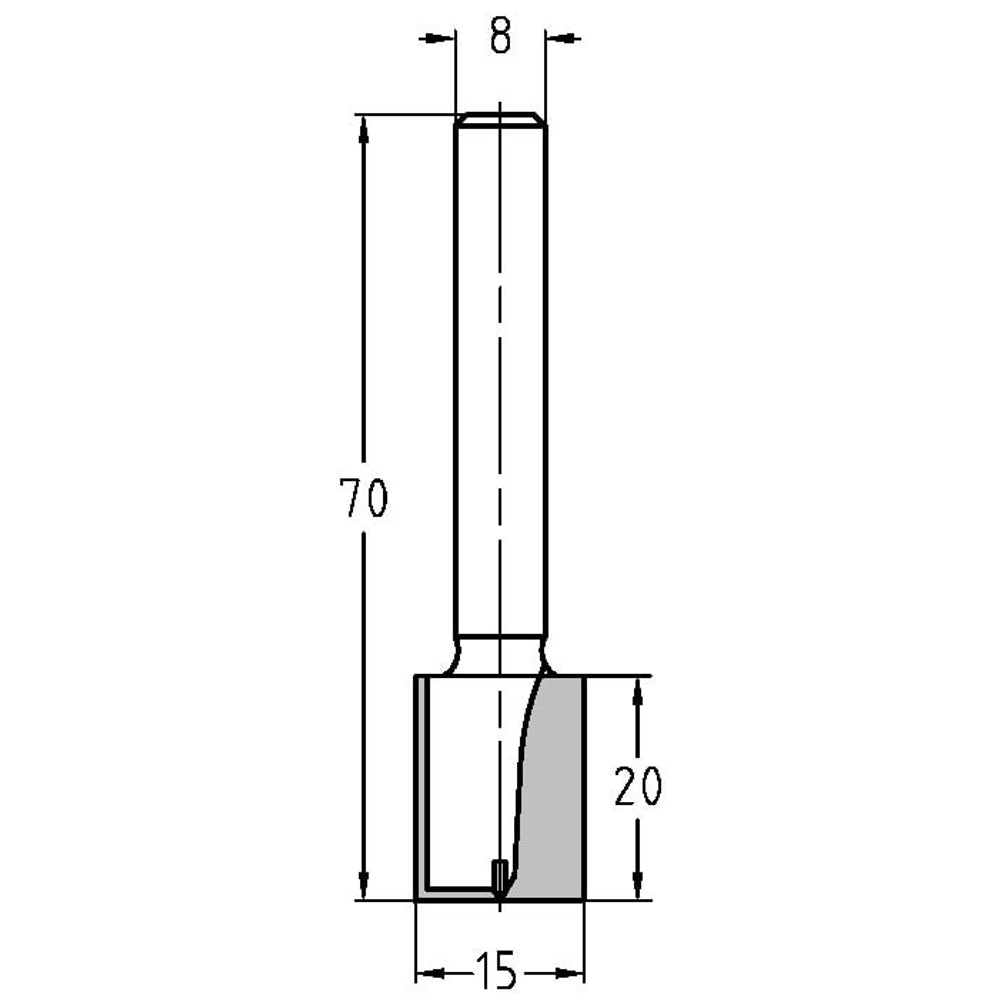 Groeffrees Ø 15 x 20 mm, TL=70 mm, S=8 mm, HW