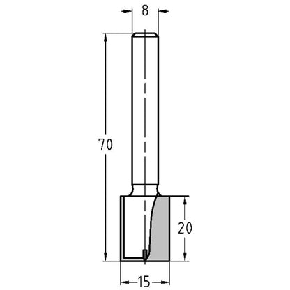 Groeffrees Ø 15 x 20 mm, TL=70 mm, S=8 mm, HW