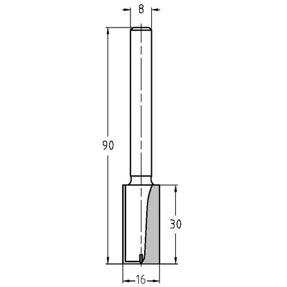 Groeffrees Ø 16 x 30 mm, TL=90 mm, S=8 mm, HW