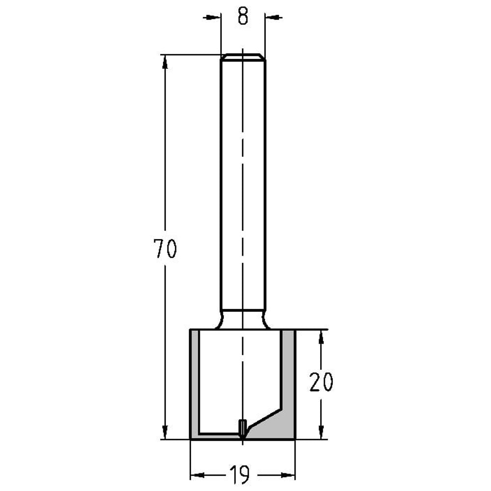 Groeffrees Ø 19 x 20 mm, TL=70 mm, S=8 mm, HW