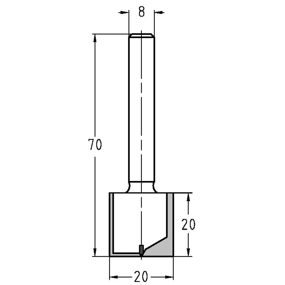 Groeffrees Ø 20 x 20 mm, TL=70 mm, S=8 mm, HS