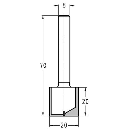 Groeffrees Ø 20 x 20 mm, TL=70 mm, S=8 mm, HS