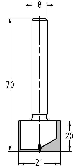 Groeffrees Ø 21 x 20 mm, TL=70 mm, S=8 mm, HW