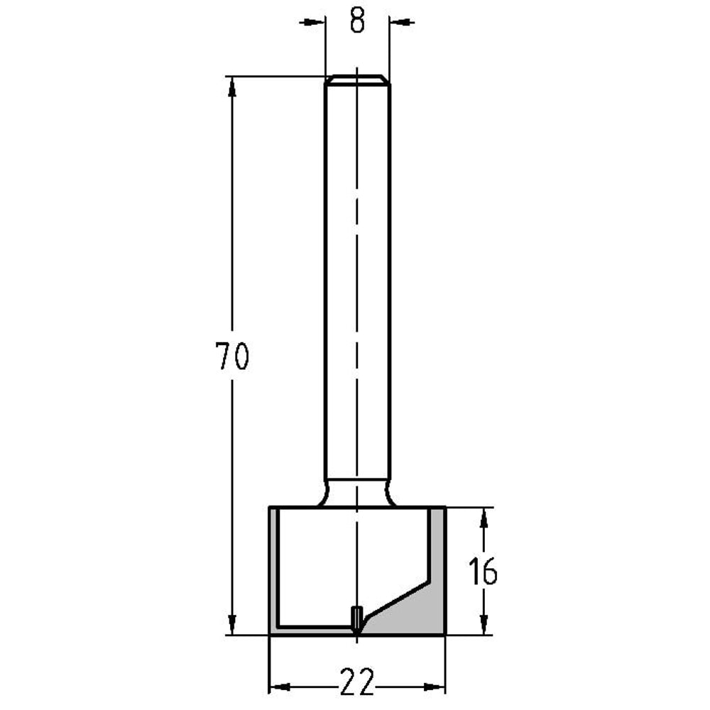 Groeffrees Ø 22 x 16 mm, TL=70 mm, S=8 mm, HW