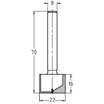 Groeffrees Ø 22 x 16 mm, TL=70 mm, S=8 mm, HW