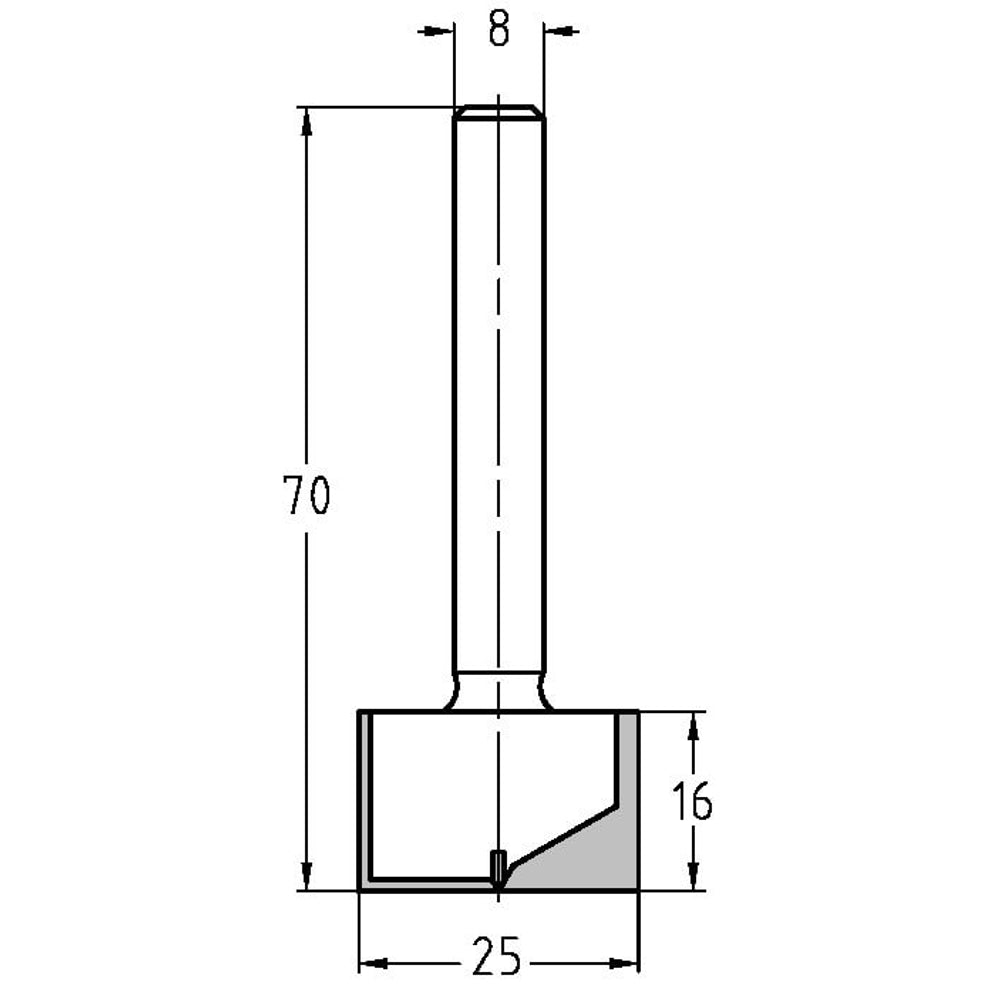 Groeffrees Ø 25 x 16 mm, TL=70 mm, S=8 mm, HW