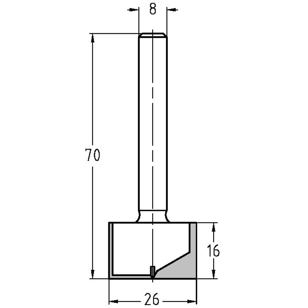 Groeffrees Ø 26 x 16 mm, TL=70 mm, S=8 mm, HW