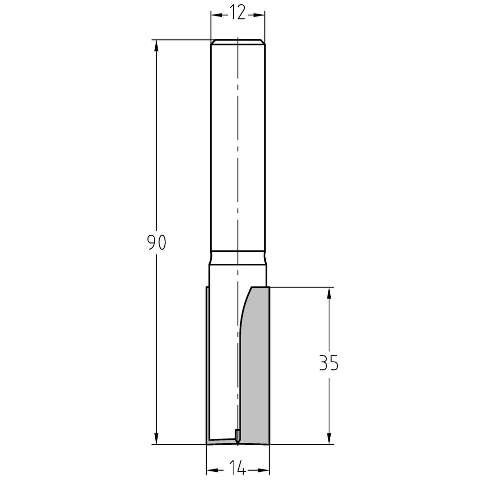 Groeffrees Ø 14 x 35 mm, TL=90 mm, S=12 mm, HW