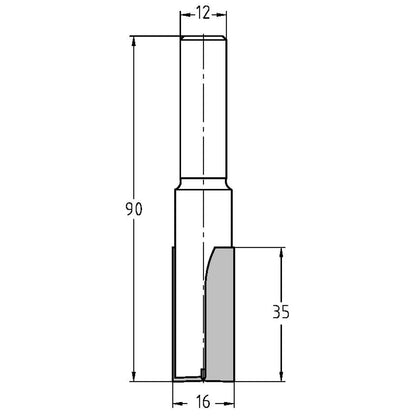 Groeffrees Ø 16 x 35 mm, TL=90 mm, S=12 mm, HW