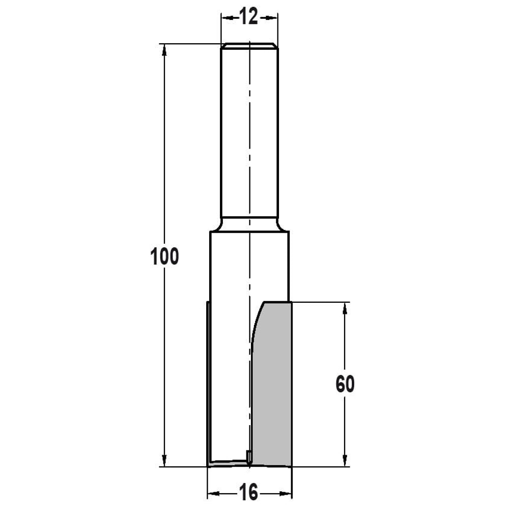 Groeffrees Ø 16 x 60 mm, TL=100 mm, S=12 mm, HW