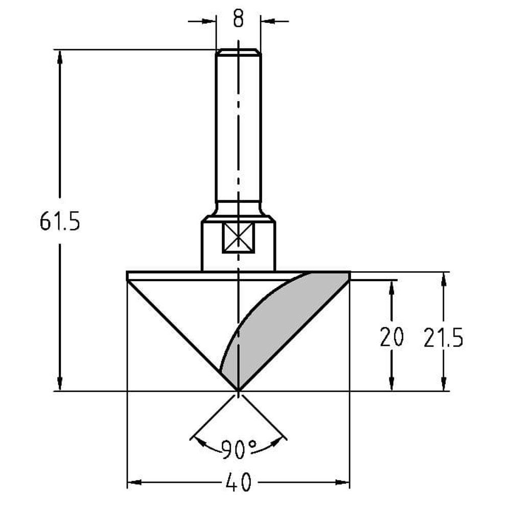 V-Groeffrees 90°, D=40 mm, S=8 mm, HW, Z=1