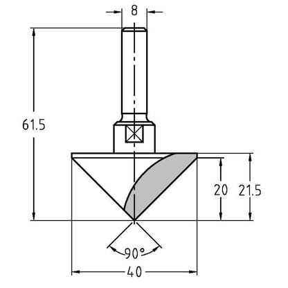 V-Groeffrees 90°, D=40 mm, S=8 mm, HW, Z=1