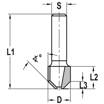 Kanten- / Fasefrees 45°, L3=4 mm, TL=40 mm, S=8 mm, HW