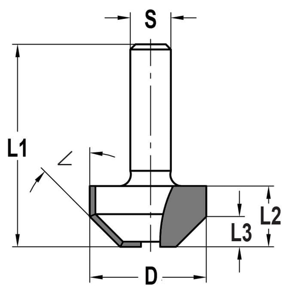 Fasefrees 45° zonder lager, L3=7 mm, TL=40 mm, S=6 mm, HW