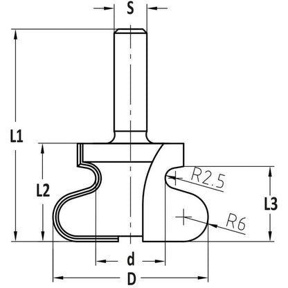 Handgreepprofielfrees R=2.5/6.0, L3=18 mm, S=12 mm, HW