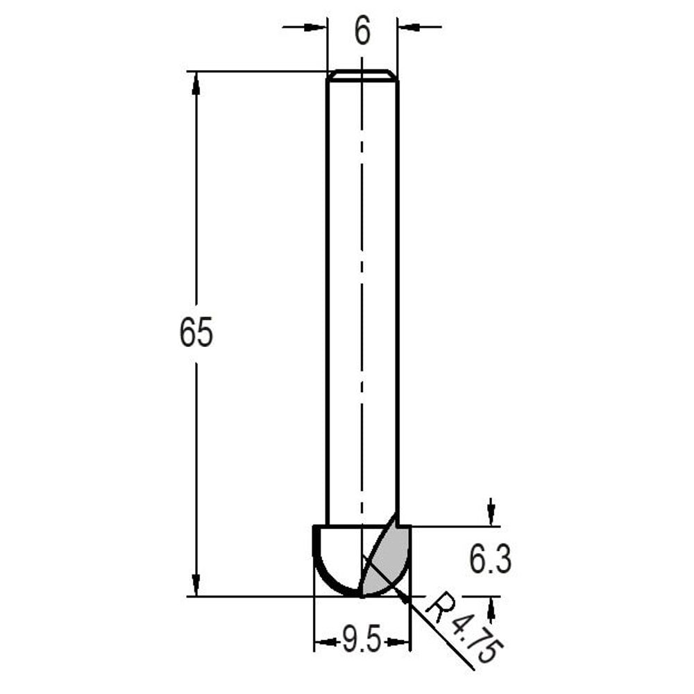 Houtrotfrees R=4,75 mm, TL=65 mm, S=6 mm, HW