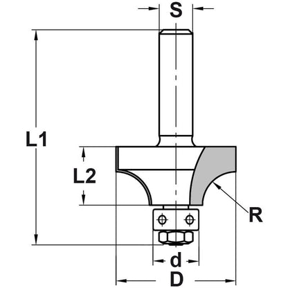 Kwartrondprofielfrees R=8,0 mm met lager, D=28,7 mm, S=8 mm, HW