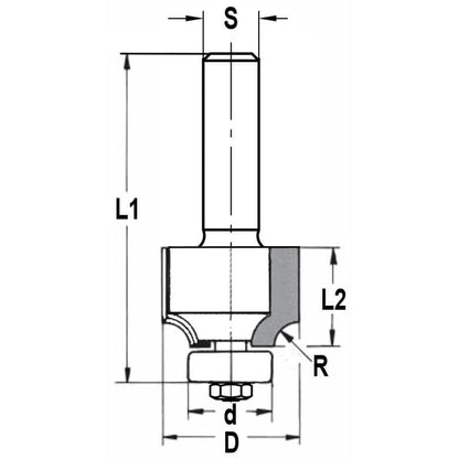 Afrondprofielfrees R=2,0 mm met lager, D=16,7 mm, S=6 mm, HW