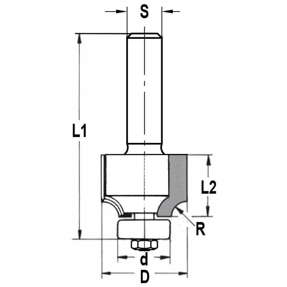 Afrondprofielfrees R=1,6 mm met lager, D=15,9 mm, S=8 mm, HW