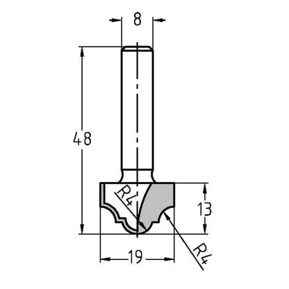 Sierprofielfrees R=4/4 mm, TL=48 mm, S=8 mm, HW