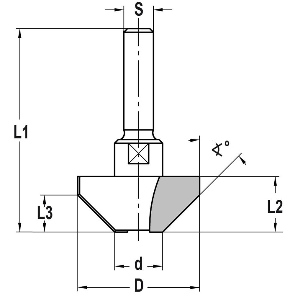 Fasefrees 45° zonder lager, L3=10 mm, TL=55 mm, S=12 mm, HW