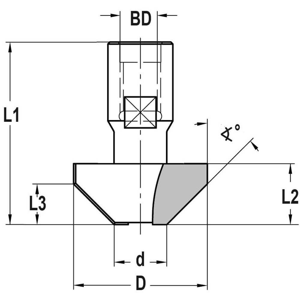Fasefrees 45° zonder lager, L3=10 mm, TL=45 mm, Binnendraad M12, HW