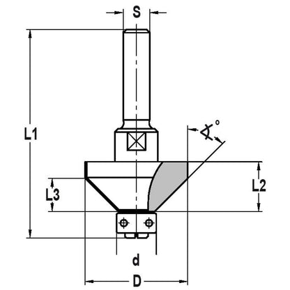 Fasefrees 45° met lager, L3=10 mm, TL=65 mm, S=10 mm, HW