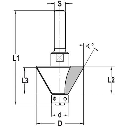Fasefrees 30° met lager, L3=19 mm, TL=70 mm, S=10 mm, HW