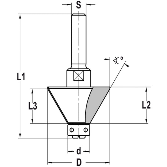 Fasefrees 30° met lager, L3=19 mm, TL=70 mm, S=8 mm, HW