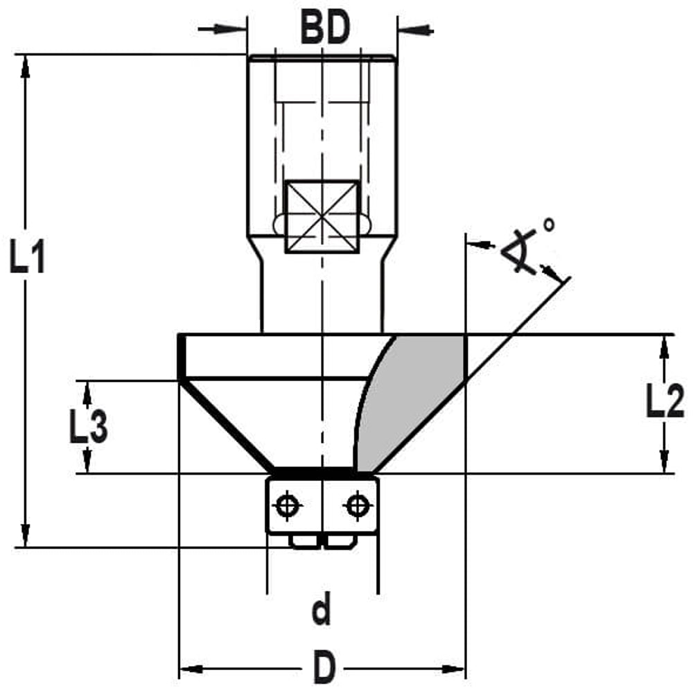 Fasefrees 45° met lager, L3=10 mm, TL=55 mm, Binnendraad M12, HW