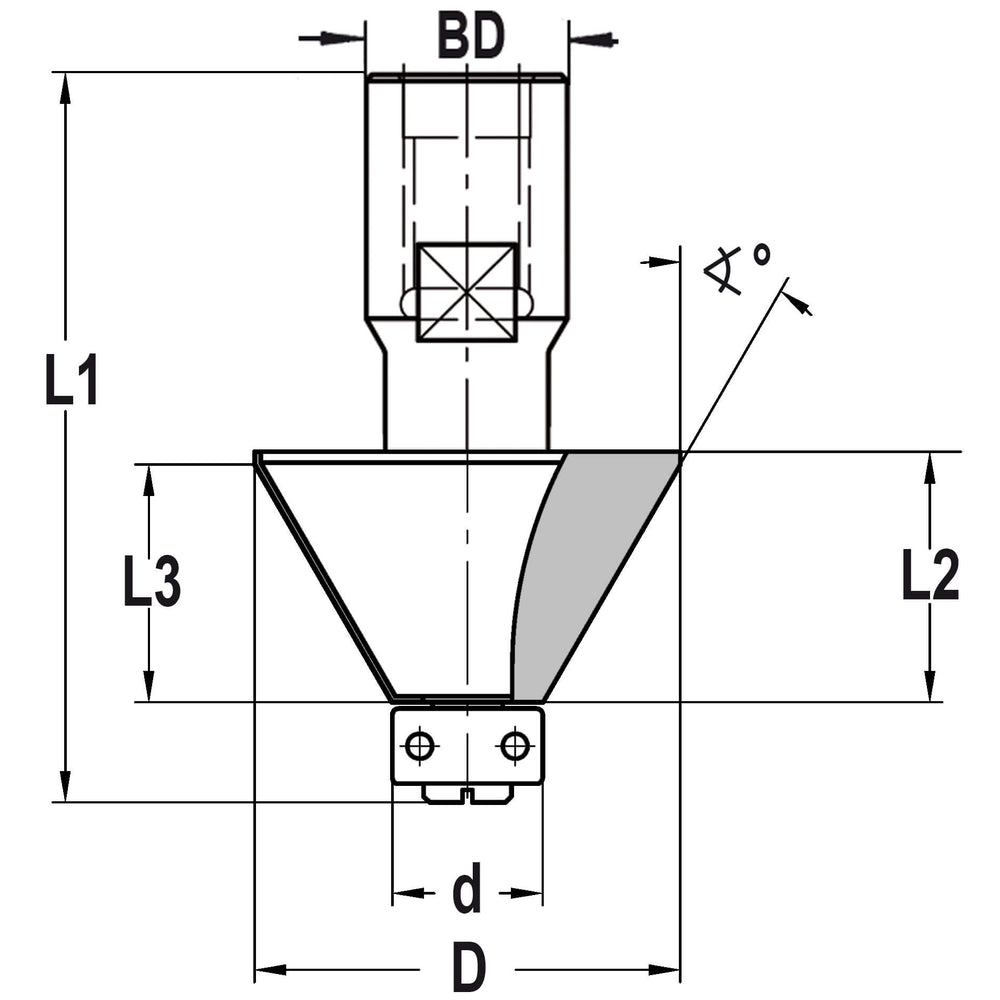 Fasefrees 15° met lager, L3=19 mm, TL=60 mm, Binnendraad M12, HW