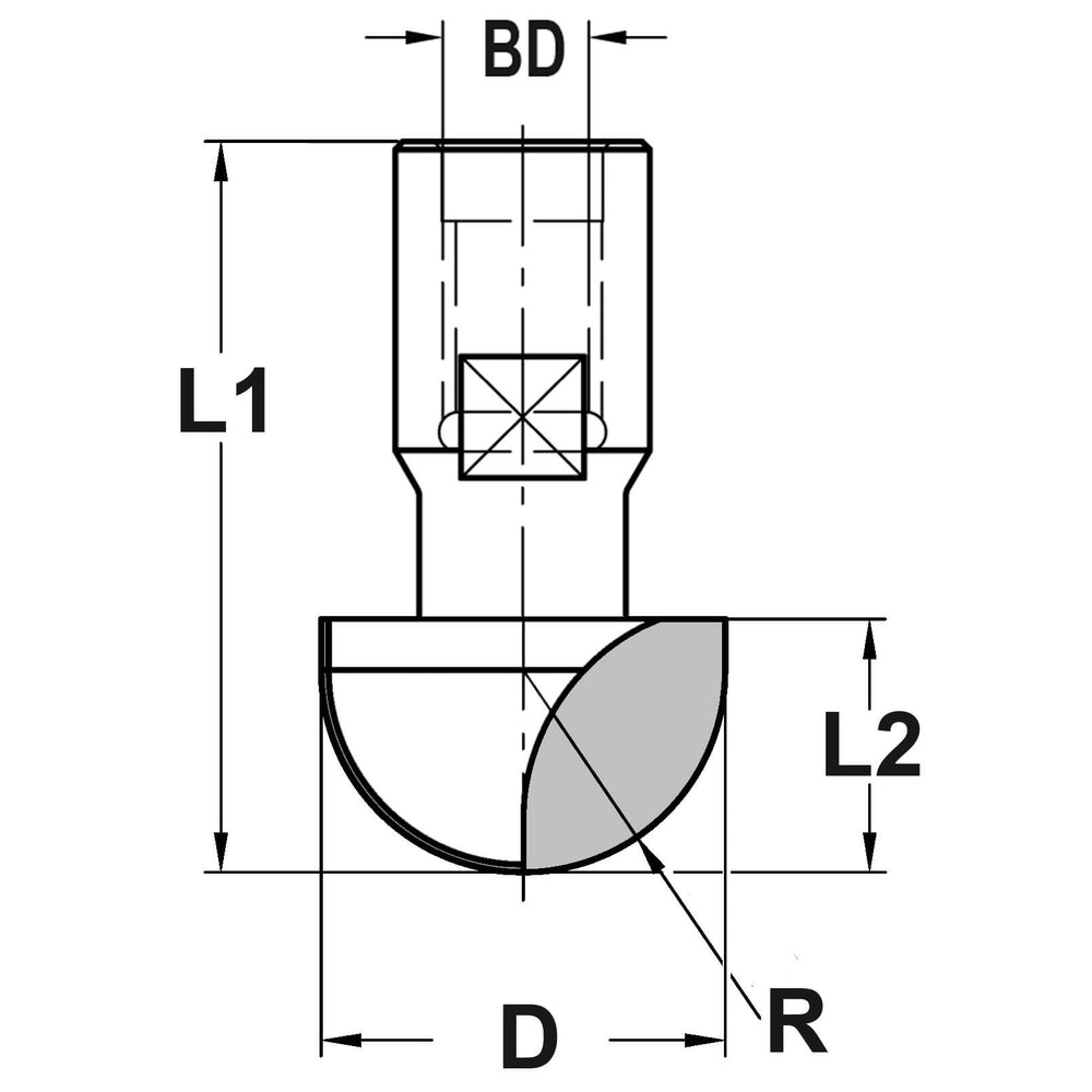 Holprofielfrees R=9,5 mm, TL=43 mm, Binnendraad M12, HW