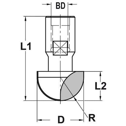 Holprofielfrees R=8,0 mm, TL=41 mm, Binnendraad M12, HW