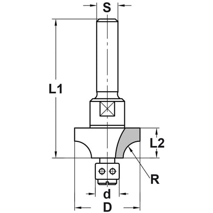 Kwartrondprofielfrees R=6,35 mm met lager, D=24,6 mm, S=6 mm, HW