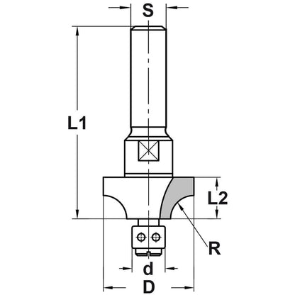 Kwartrondprofielfrees R=9,5 mm met lager, D=33 mm, S=12 mm, HW
