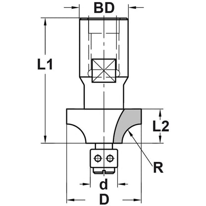 Kwartrondprofielfrees R=9,5 mm met lager, D=33 mm, Binnendraad M12, HW