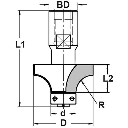 Afrondprofielfrees R=6,35 mm met lager, D=24,6 mm, Binnendraad M12, HW