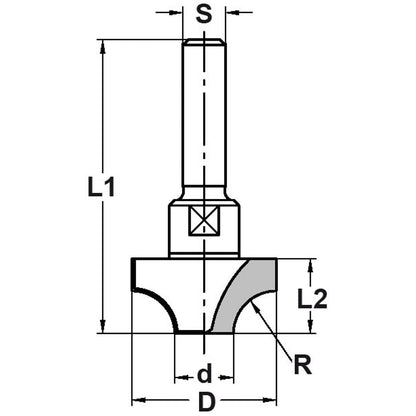 Kwartrondprofielfrees R=9,5 mm onderkant ingelegd HW, D=30 mm, S=8 mm, HW