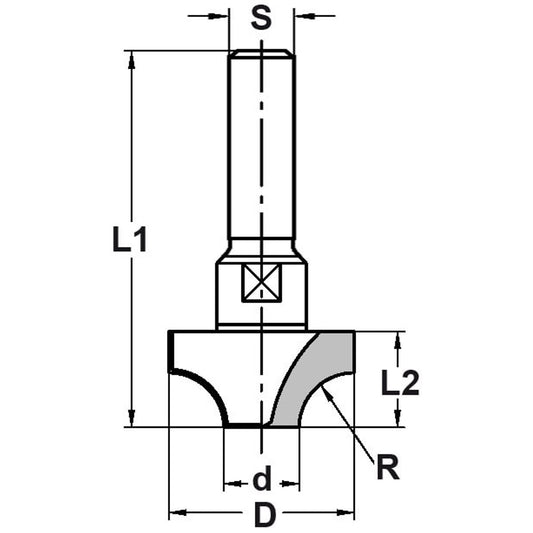 Kwartrondprofielfrees R=6,0 mm onderkant ingelegd HW, D=22 mm, S=10 mm, HW