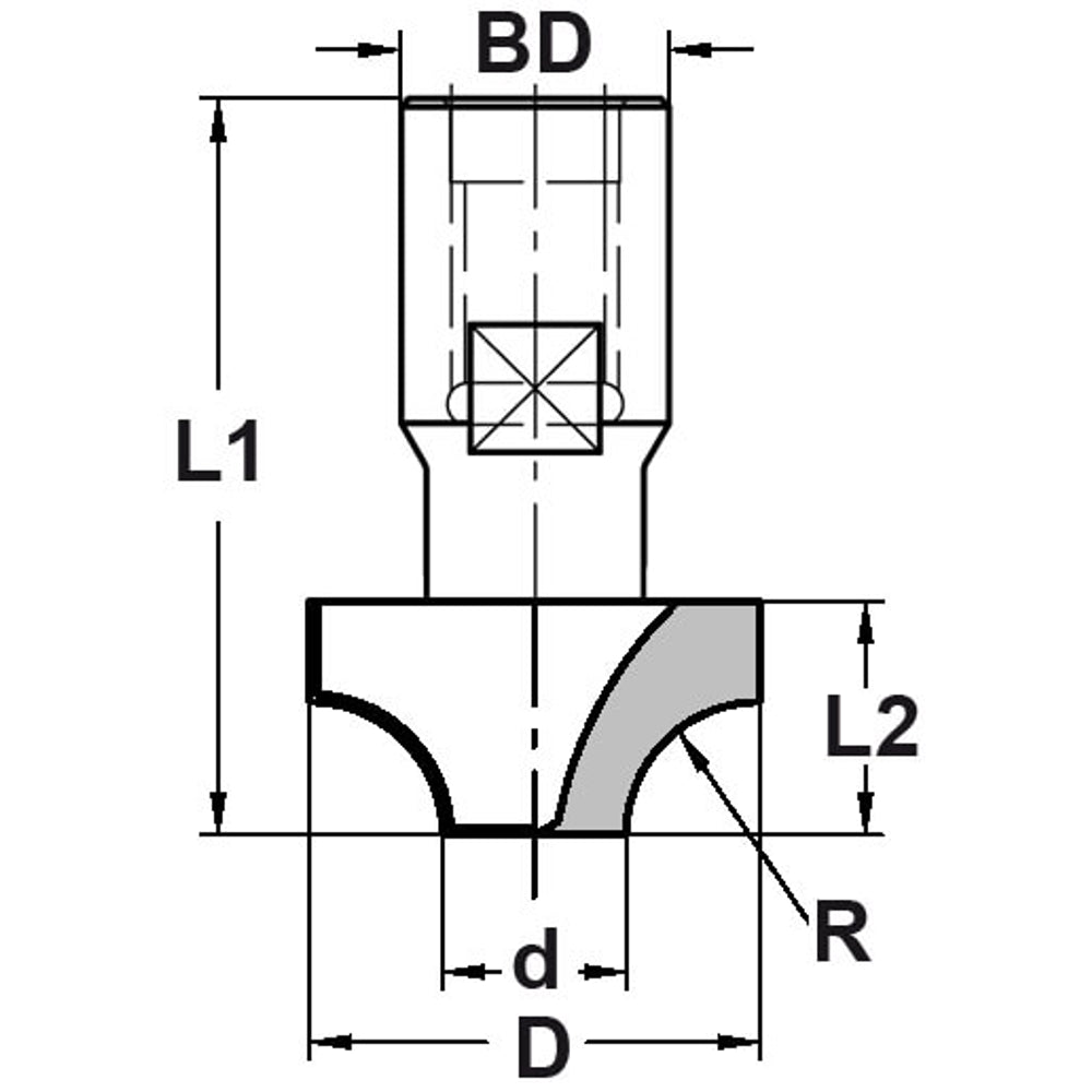 Kwartrondprofielfrees R=8,0 mm onderkant ingelegd HW, D=27 mm, Binnendraad M10, HW