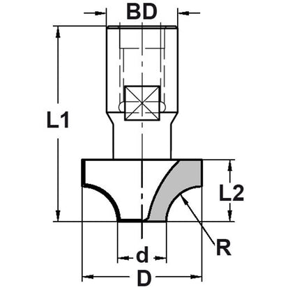 Kwartrondprofielfrees R=8,0 mm onderkant ingelegd HW, D=27 mm, Binnendraad M10, HW