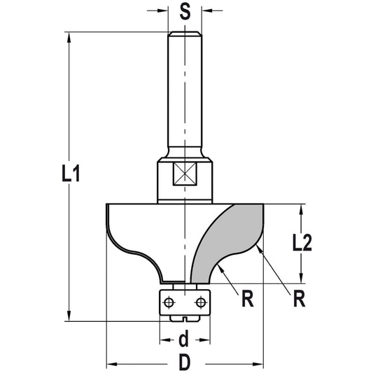 S-profielfrees R=7,2 mm met lager 12 mm, L2=19 mm, S=12 mm, HW